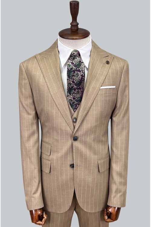 SUIT SARTORIA ÇİZGİLİ BEJ YELEKLİ TAKIM ELBİSE 2895