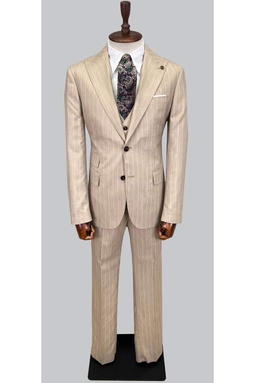 SUIT SARTORIA ÇİZGİLİ BEJ YELEKLİ TAKIM ELBİSE 2895